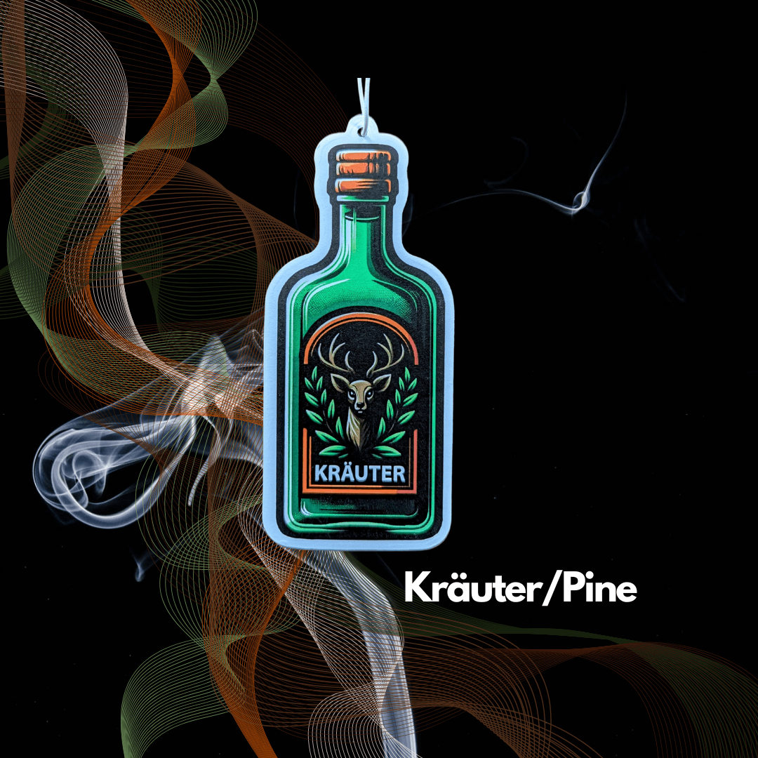 Auto Duftbaum Abbildung einer grünen Schnapsflasche mit der Aufschrift Kräuter, dazu ist ein Reh mit abgebildet in der Farbe braun