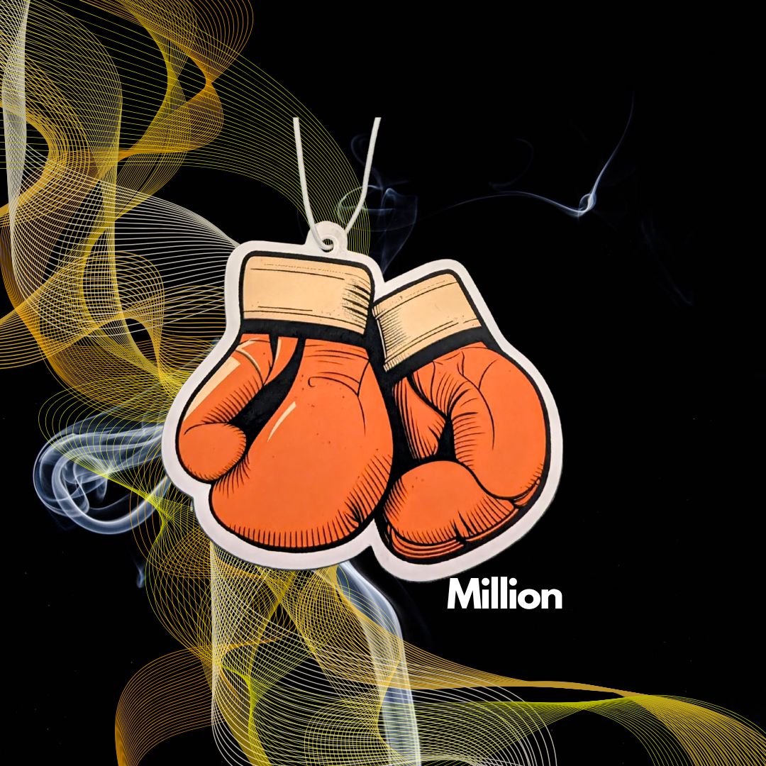 Auto Duftbaum in Form von zwei orangenen Boxhandschuhen, die aneinanderstoßen, Lufterfrischer fürs Auto mit Duft Million, origineller Autoduftbaum im sportlichen Design.