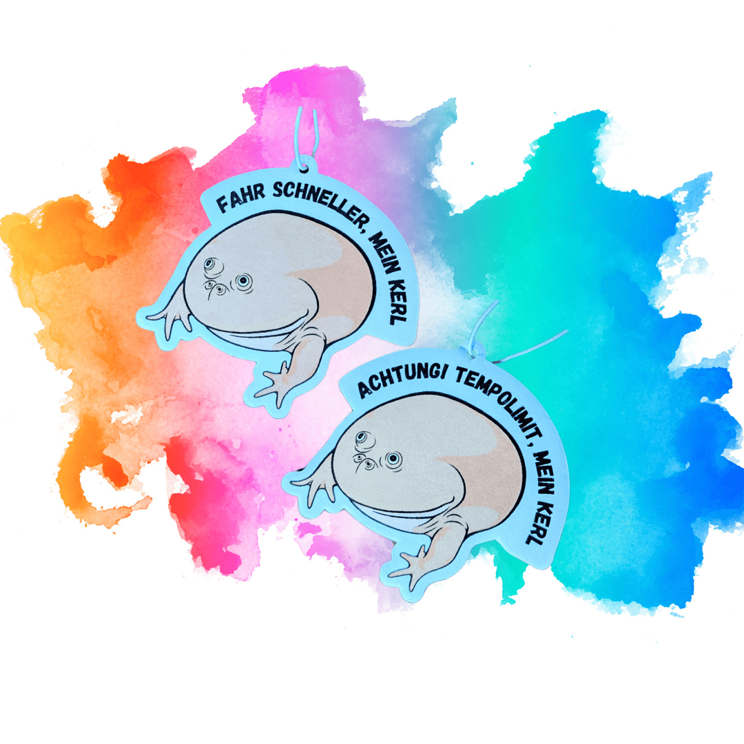 Auto Duftbaum Abbildung Meme Mittwochsfrosch Kombipack mit den Schriftzügen: Fahr schneller, mein Kerl und Achtung! Tempolimit, mein Kerl