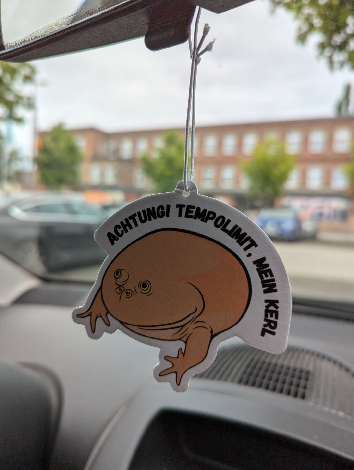 Auto Duftbaum Mittwochsfrosch hängt im Auto am Rückspiegel. Über dem Frosch ist der Spruch: Achtung! Tempolimit, mein Kerl