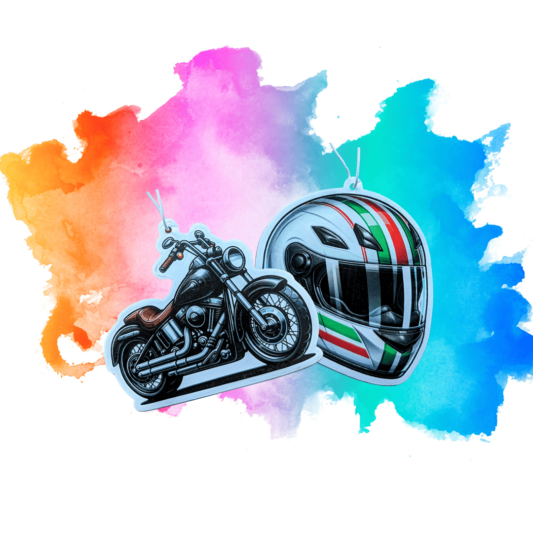 Auto Duftbaum Abbildung von einem schwarzen Motorrad und einem grün-weißen Motorradhelm
