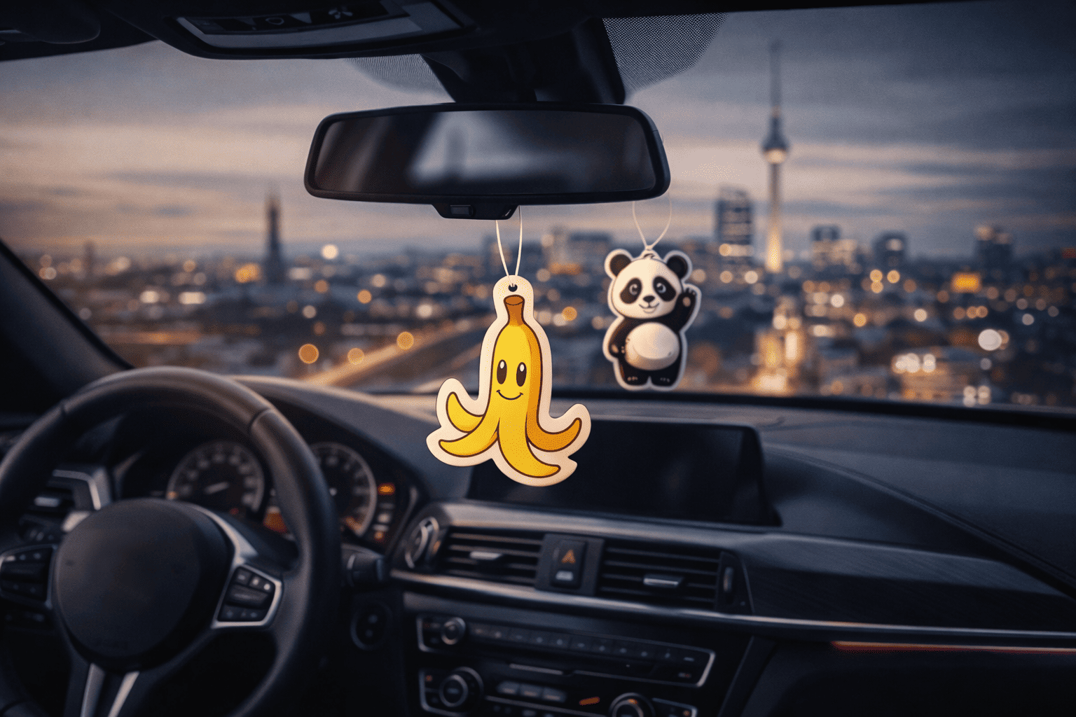 Lustige Auto Duftbäume mit Bananen- und Panda-Motiv am Rückspiegel vor der Berliner Skyline mit Fernsehturm