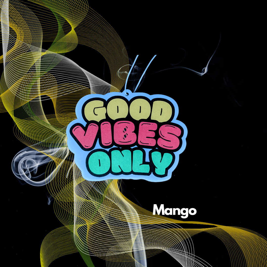Auto Duftbaum Abbildung mit dem Schriftzug Good Vibes Only, mit dem Duft Mango