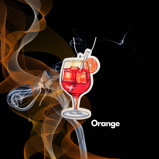 Auto Duftbaum Abbildung von einem Spritzo Cocktail Aperetif mit einem Strohhalm, dazu eine Orangen-Scheibe in den Farben Orange und Weiß