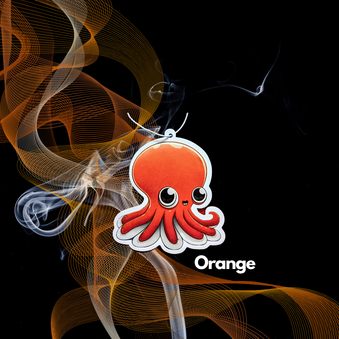 Auto Duftbaum Abbildung von einem süßen Octopus der am lächeln ist in der Farbe Orange