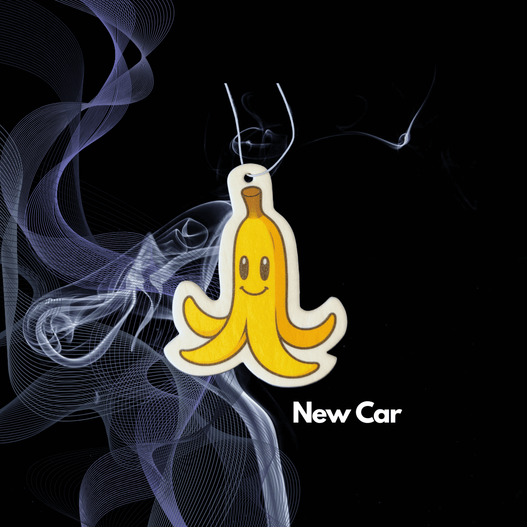 Lustige gelbe Bananenschale als Auto Duftbaum mit New-Car-Duft und Aufhängeschlaufe von Hauptstadtduft