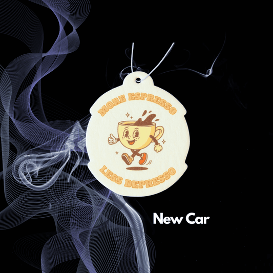 Lustiger Kaffee Auto Duftbaum „More Espresso Less Depresso“ mit New-Car-Duft und Tassenmotiv von Hauptstadtduft