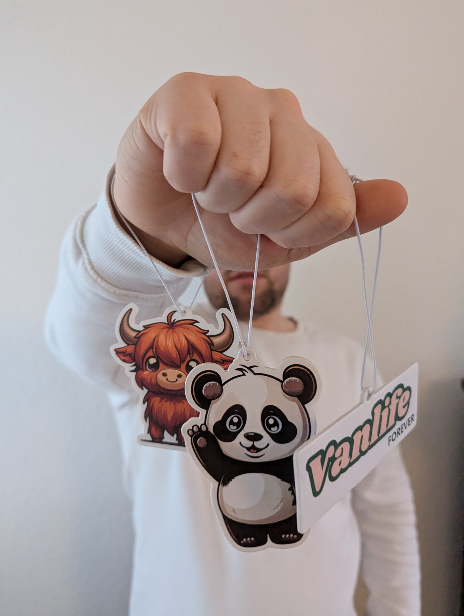 Person hält drei Auto Duftbäume in der Hand – ein Panda, ein Hochlandrind und ein rechteckiger Duftbaum mit Aufschrift „Vanlife Forever“, Lufterfrischer fürs Auto in verschiedenen Motiven als originelle Geschenkidee.