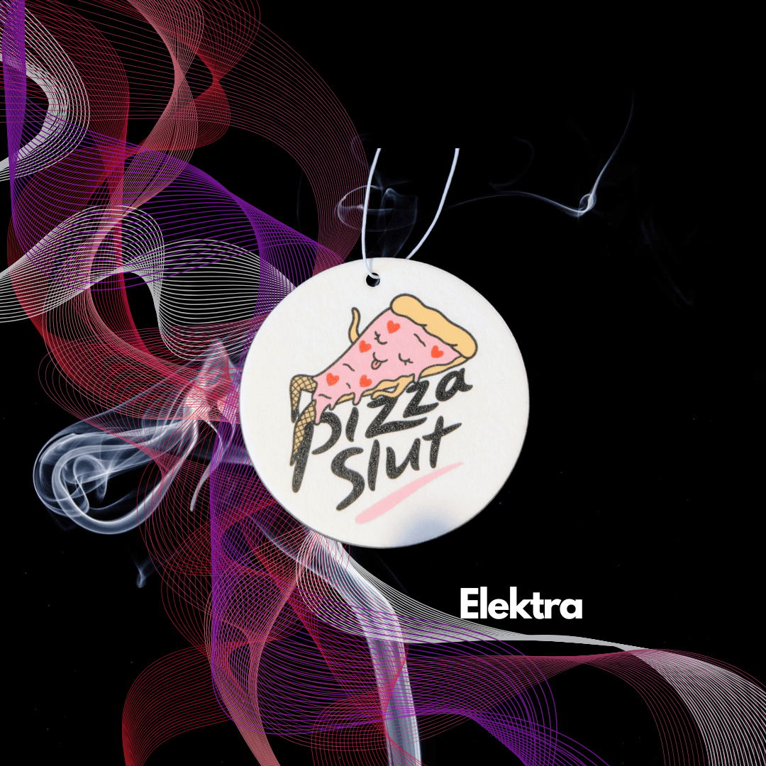 Runder Pizza Auto Duftbaum „Pizza Slut“ mit Elektra-Duft und Aufhängeschlaufe von Hauptstadtduft